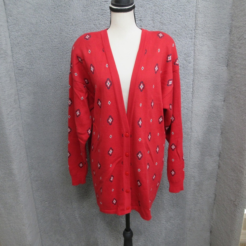 Vintage 80s Bechamel Cardigan Sweater Womens M Red Geometric Preppy Grandpa